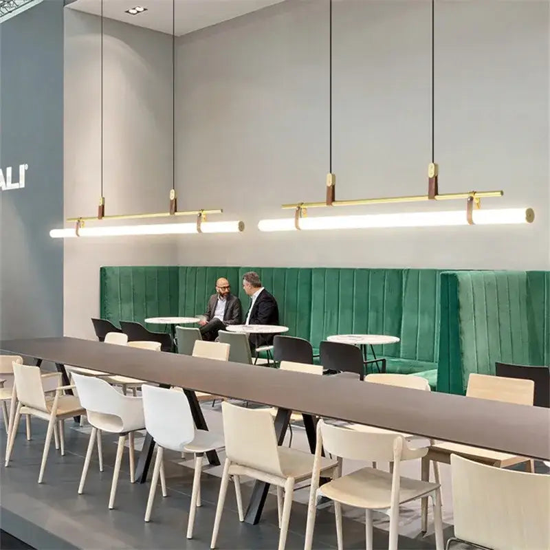 Modern minimalist brass & leather lucien tube chandelier dining room