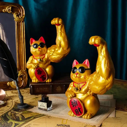Creative gold muscle lucky cat figurine living room decor