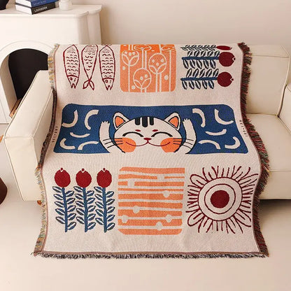 Pastel lucky cat knitted blanket living room sofa cover