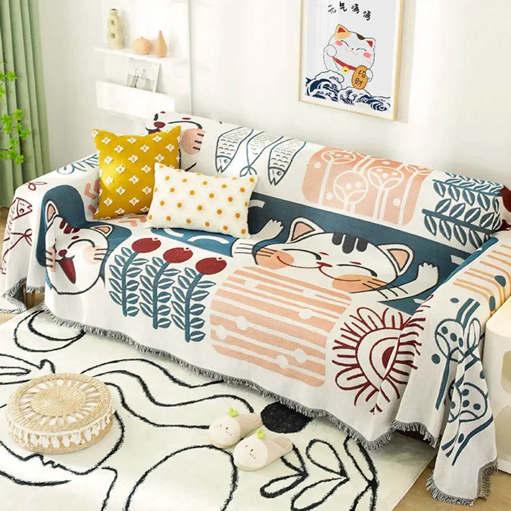 Pastel lucky cat knitted blanket living room sofa cover