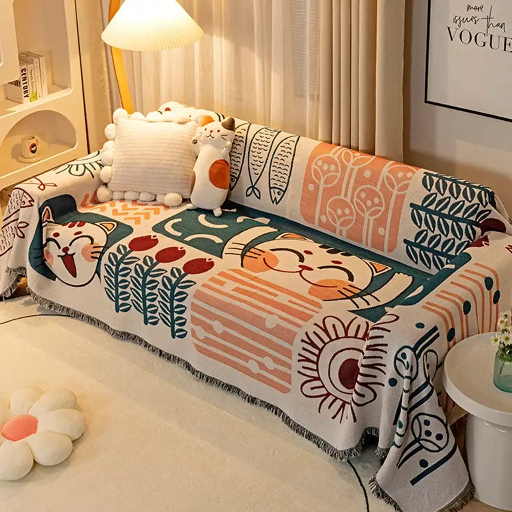 Pastel lucky cat knitted blanket living room sofa cover