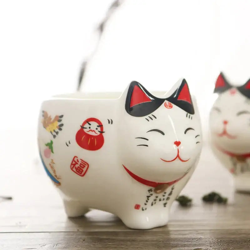 White lucky cat porcelain tea set kitchen ceramic teapot and cups