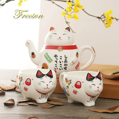 White lucky cat porcelain tea set kitchen ceramic teapot and cups