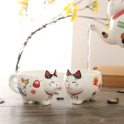 White lucky cat porcelain tea set kitchen ceramic teapot and cups