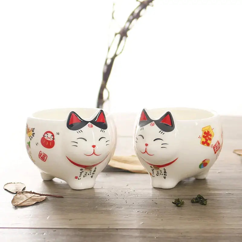 White lucky cat porcelain tea set kitchen ceramic teapot and cups