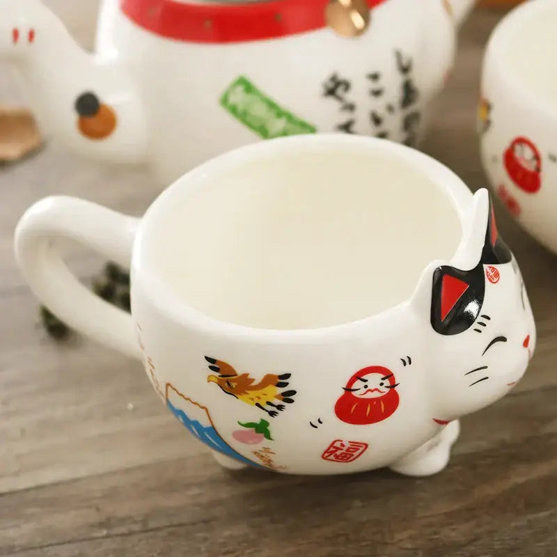 White lucky cat porcelain tea set kitchen ceramic teapot and cups