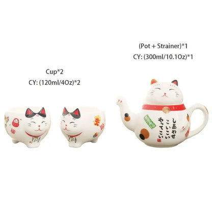 White lucky cat porcelain tea set kitchen ceramic teapot and cups