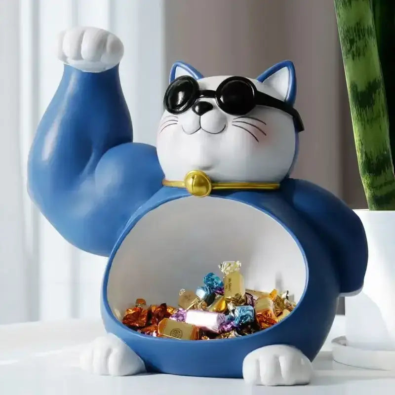 Modern blue & white lucky cat remote control organizer living room decor
