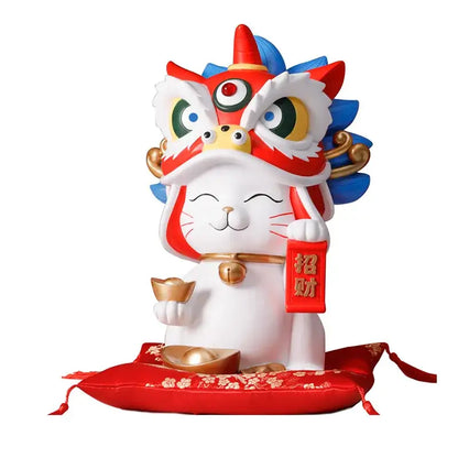 White & blue lion dance lucky cat figurine living room home decor