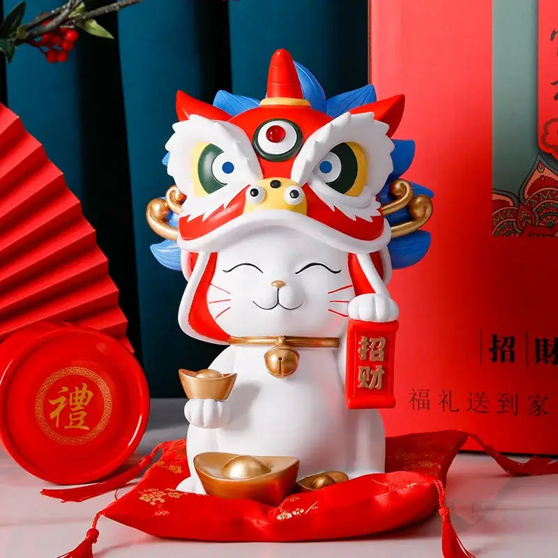 White & blue lion dance lucky cat figurine living room home decor