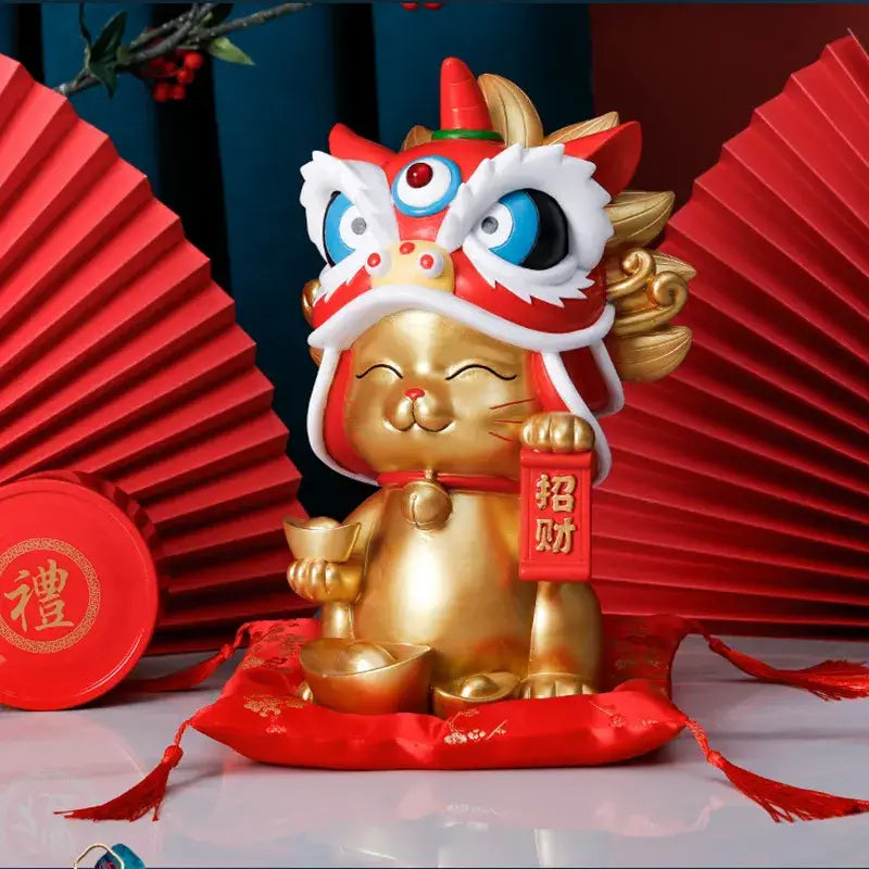 White & blue lion dance lucky cat figurine living room home decor