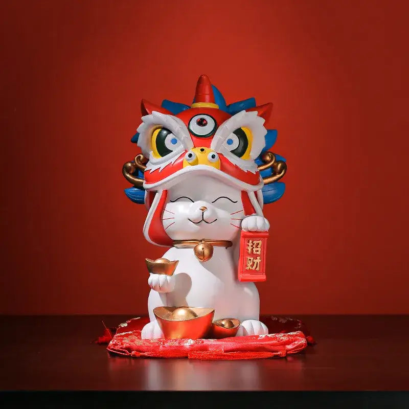 White & blue lion dance lucky cat figurine living room home decor