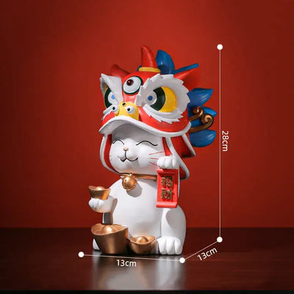 White & blue lion dance lucky cat figurine living room home decor