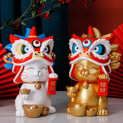 White & blue lion dance lucky cat figurine living room home decor