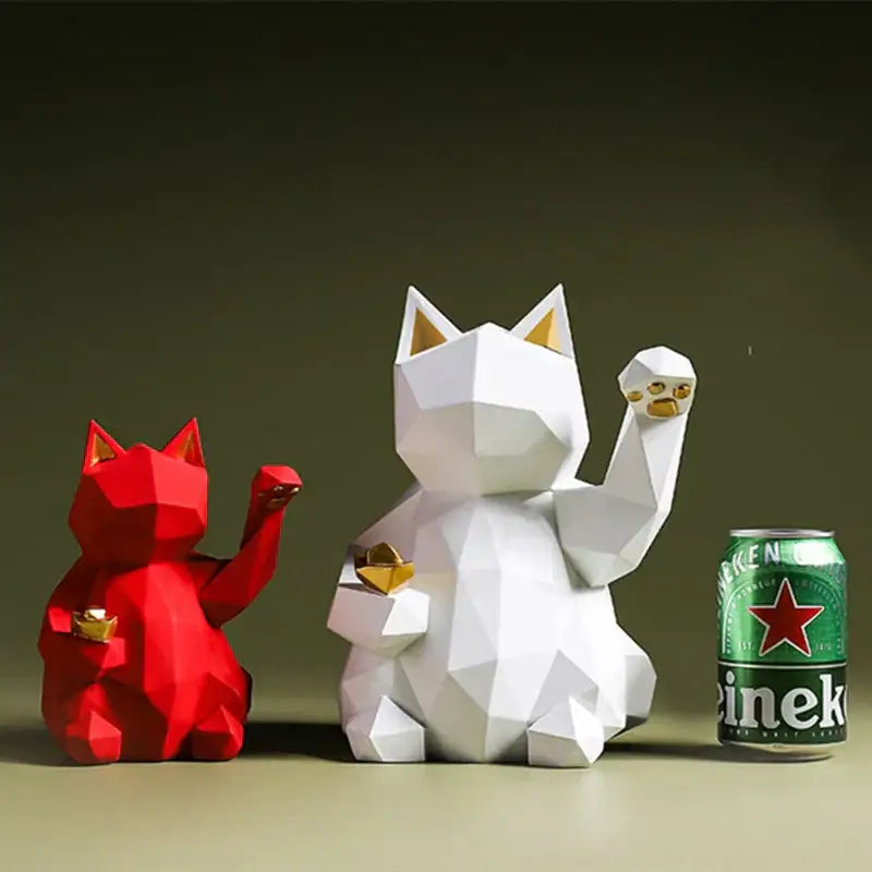 Modern geometric red & white lucky cat resin statue living room decor
