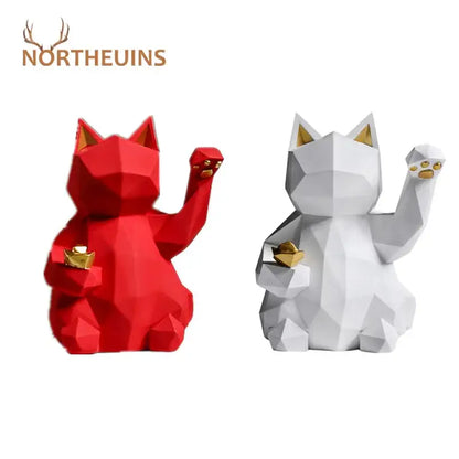 Modern geometric red & white lucky cat resin statue living room decor