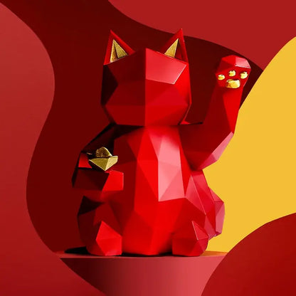 Modern geometric red & white lucky cat resin statue living room decor
