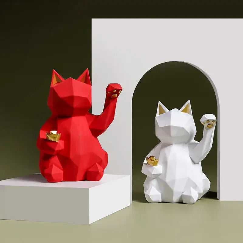 Modern geometric red & white lucky cat resin statue living room decor