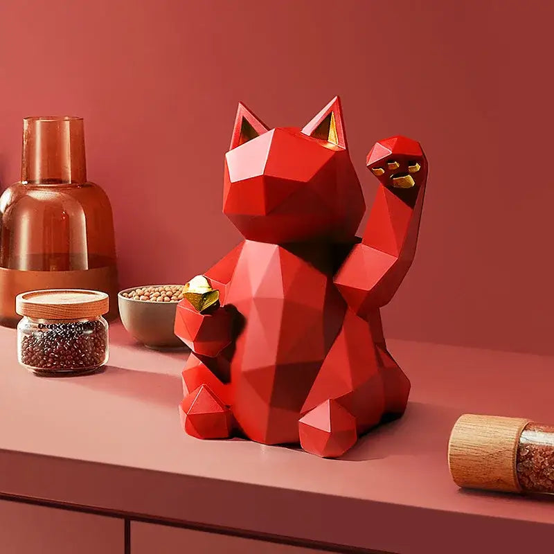 Modern geometric red & white lucky cat resin statue living room decor