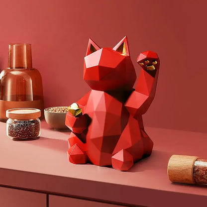 Modern geometric red & white lucky cat resin statue living room decor
