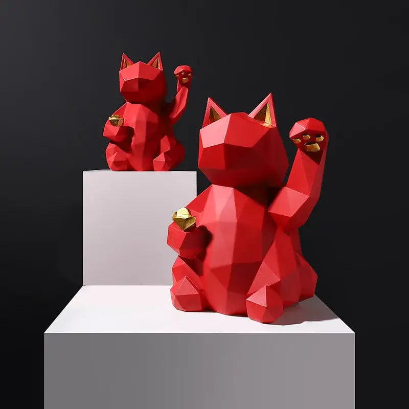Modern geometric red & white lucky cat resin statue living room decor