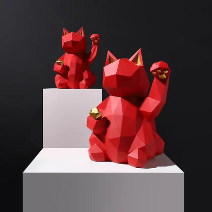 Modern geometric red & white lucky cat resin statue living room decor