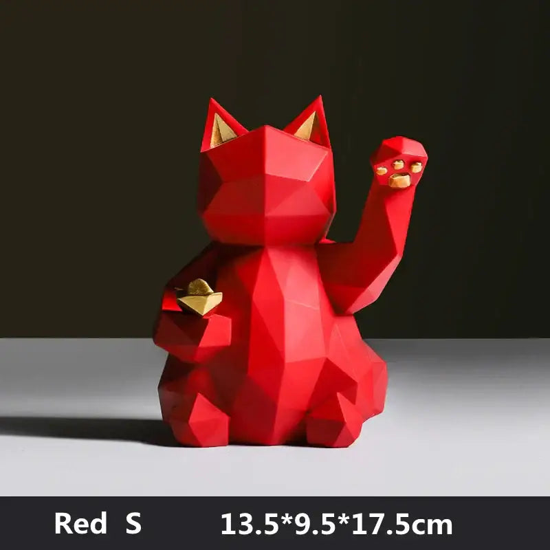 Modern geometric red & white lucky cat resin statue living room decor