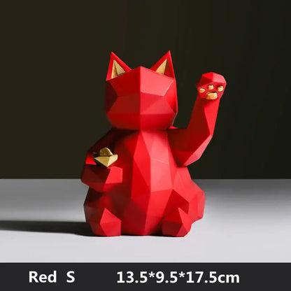 Modern geometric red & white lucky cat resin statue living room decor