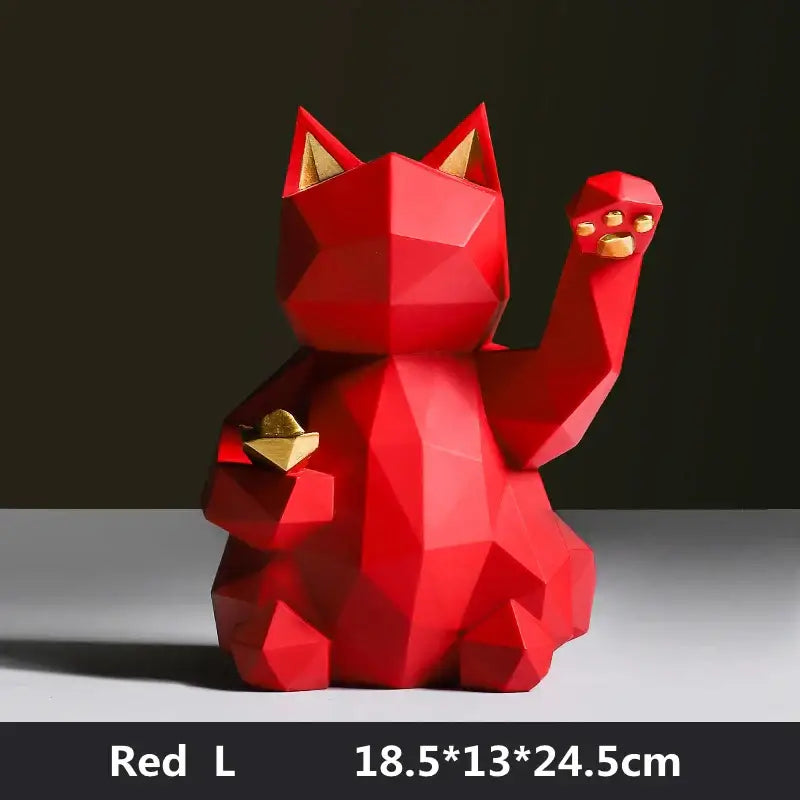 Modern geometric red & white lucky cat resin statue living room decor