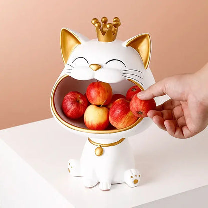 Modern white and gold lucky cat sculpture kitchen fruit bowl