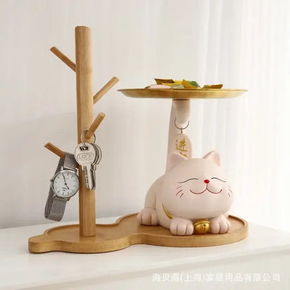 Pink & cream ceramic lucky cat statue storage tray living room