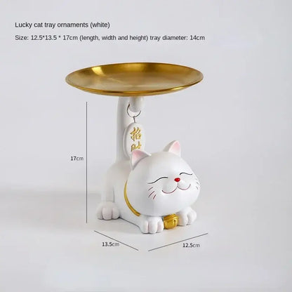 Pink & cream ceramic lucky cat statue storage tray living room