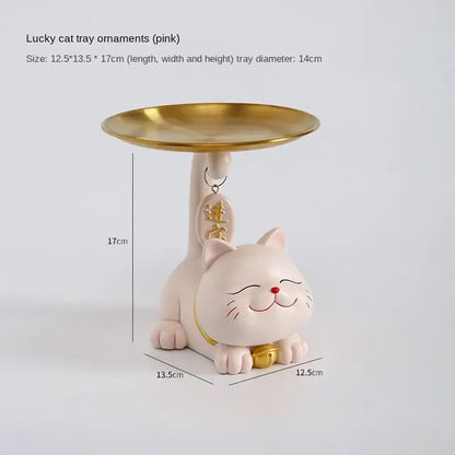Pink & cream ceramic lucky cat statue storage tray living room