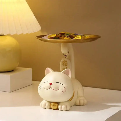Pink & cream ceramic lucky cat statue storage tray living room