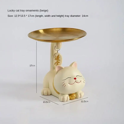 Pink & cream ceramic lucky cat statue storage tray living room