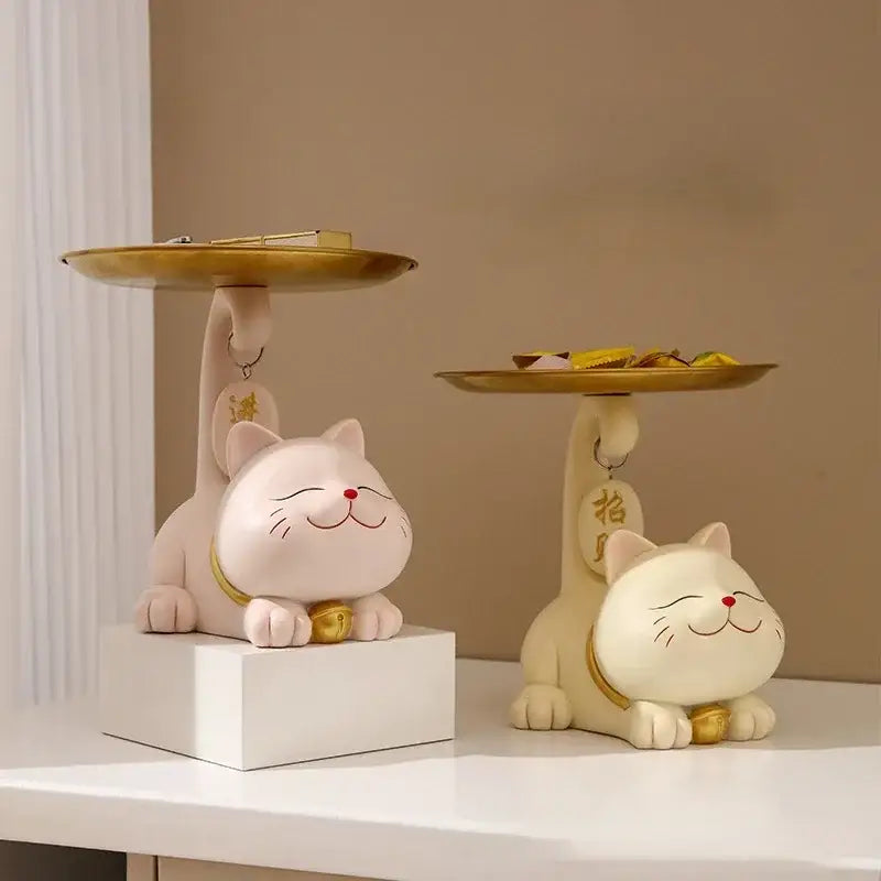 Pink & cream ceramic lucky cat statue storage tray living room