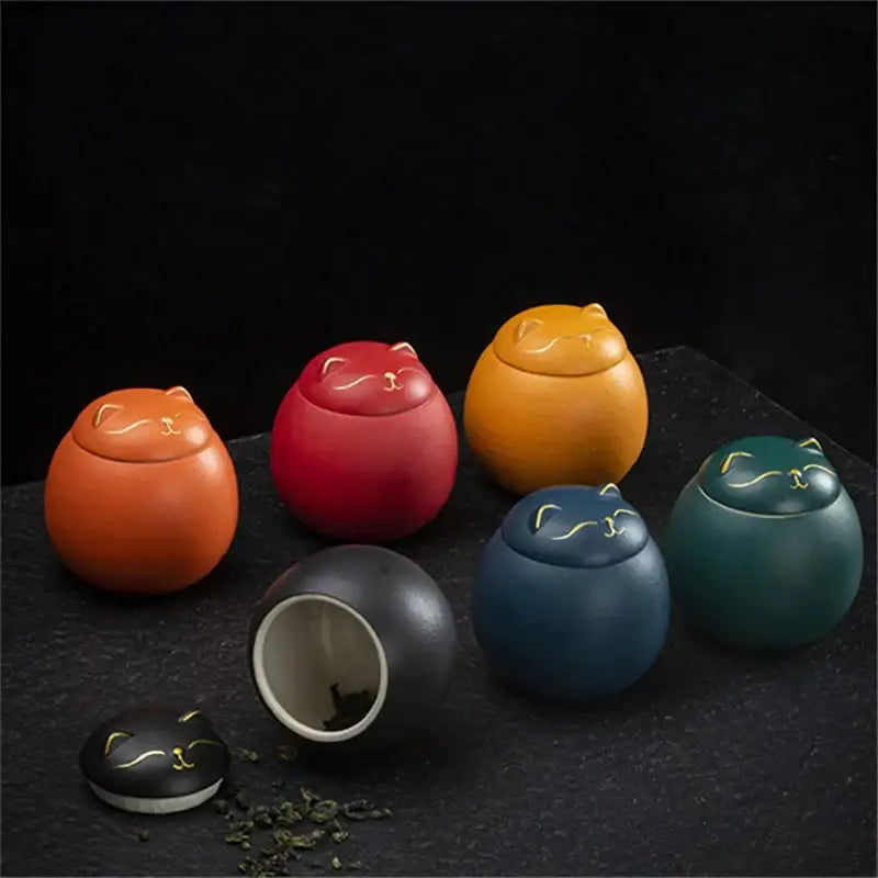 Cute colorful ceramic cat tea storage jar kitchen candy