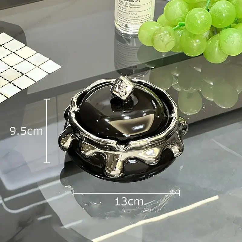 Modern black & white ceramic ashtray with silver drip – living room decor