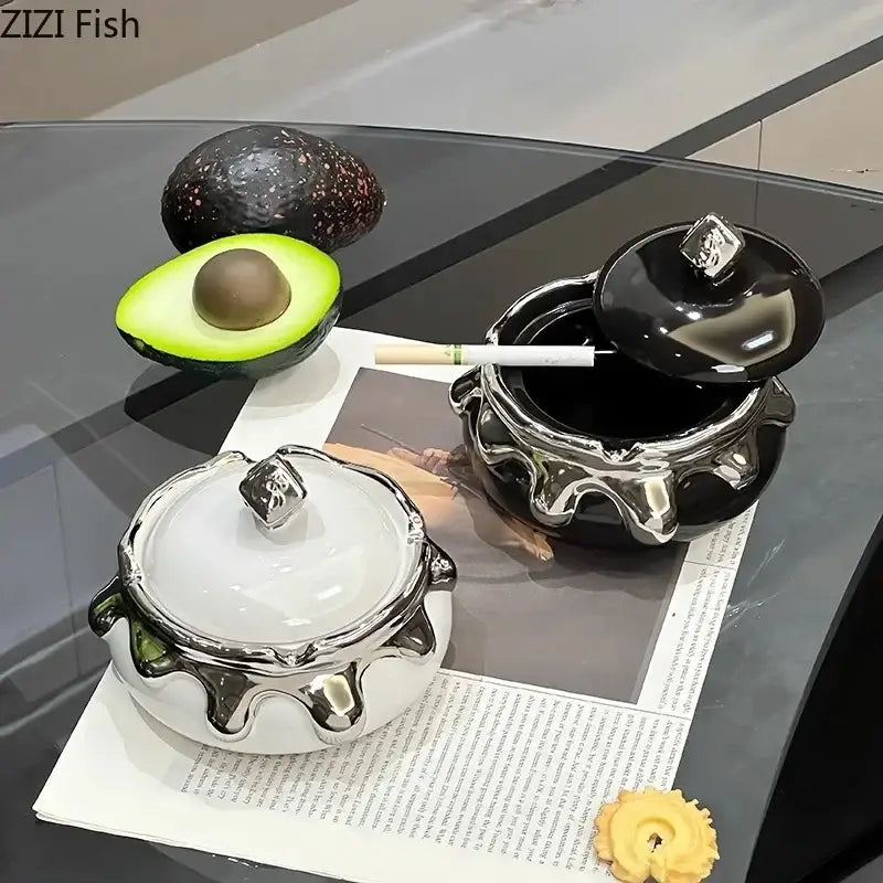 Modern black & white ceramic ashtray with silver drip – living room decor