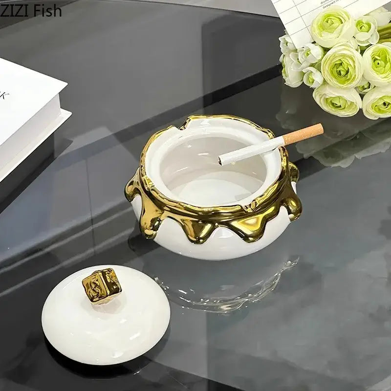 Modern black & white ceramic ashtray with silver drip – living room decor