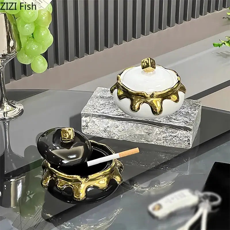 Modern black & white ceramic ashtray with silver drip – living room decor