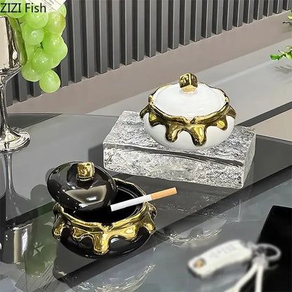 Modern black & white ceramic ashtray with silver drip – living room decor