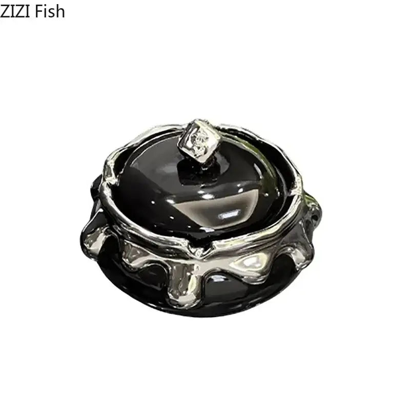 Modern black & white ceramic ashtray with silver drip – living room decor