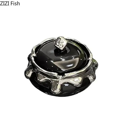Modern black & white ceramic ashtray with silver drip – living room decor