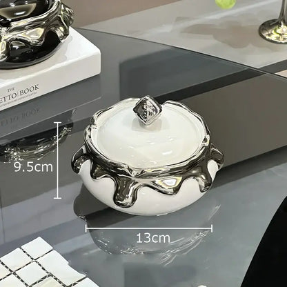 Modern black & white ceramic ashtray with silver drip – living room decor