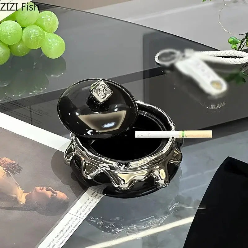 Modern black & white ceramic ashtray with silver drip – living room decor