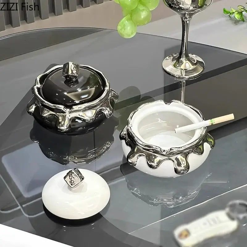 Modern black & white ceramic ashtray with silver drip – living room decor