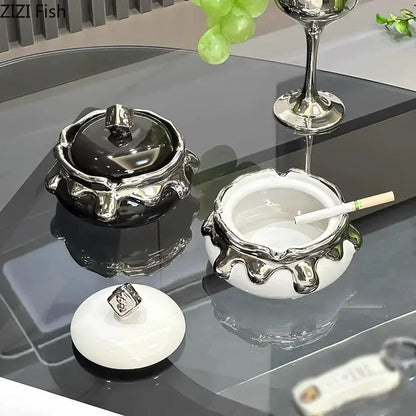 Modern black & white ceramic ashtray with silver drip – living room decor
