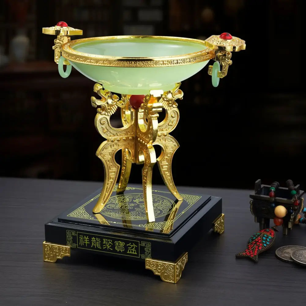 Ornate jade & gold lucky decoration flower stand living room decor