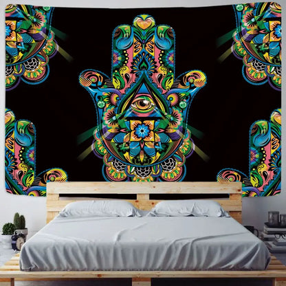 Boho colorful lucky hand mandala tapestry bedroom wall hanging